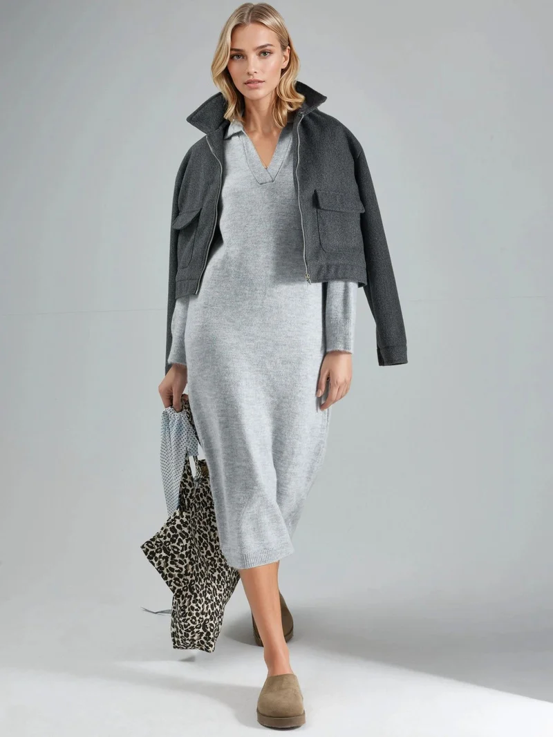 MY FASHION Grey MY FASHION Ribbed Polo Collar Maxi Knit Dress for Women | Best Price UAE